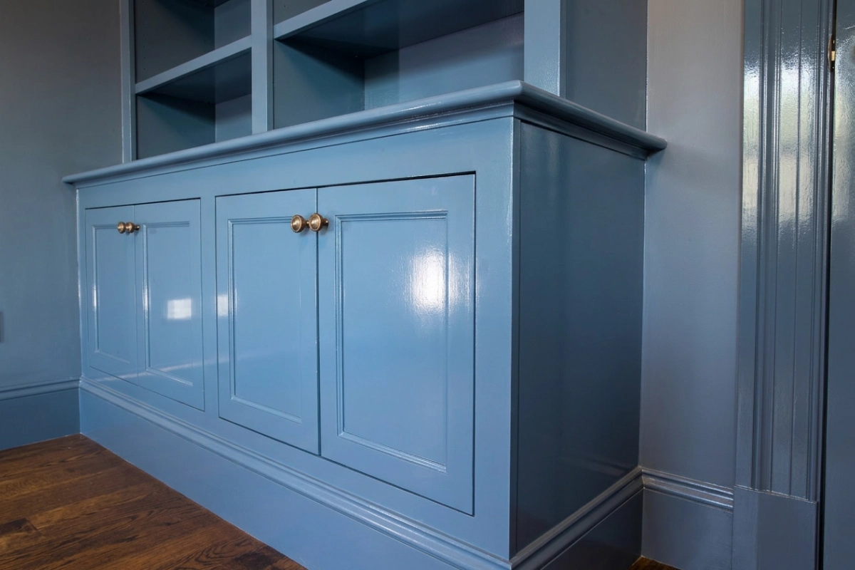 blue glossy cabinets and trim
