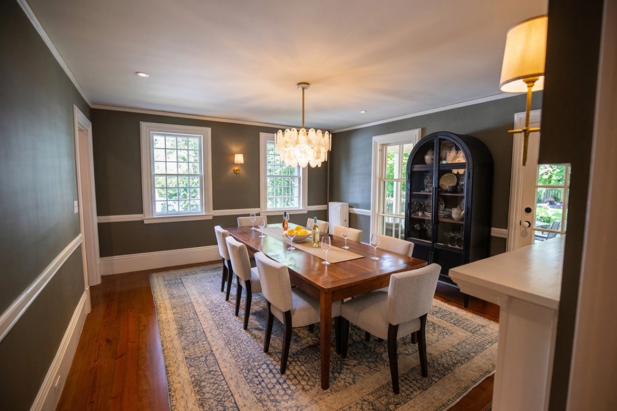 Gray painted dining room with white wainscoting, crown molding, and a tray ceiling.