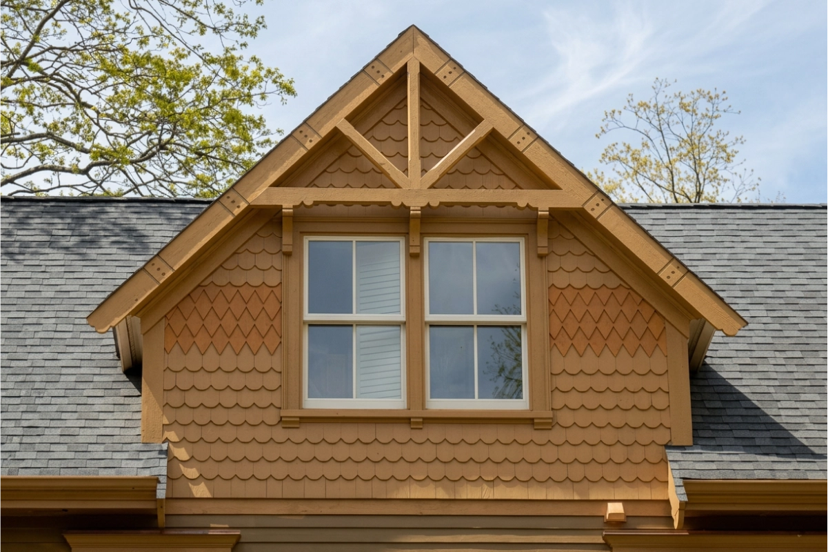 zoomed image of exterior Victorian-style house.