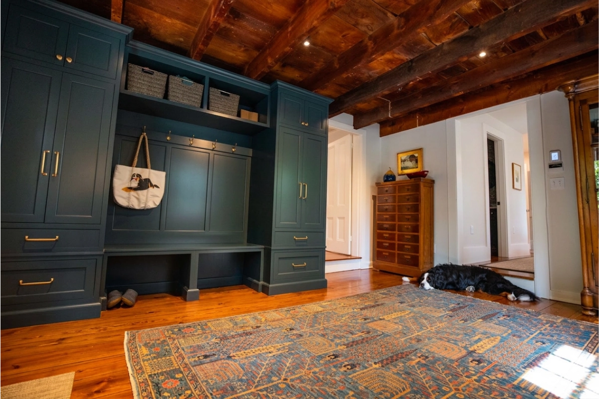 Teal-painted built-ins and painted trim