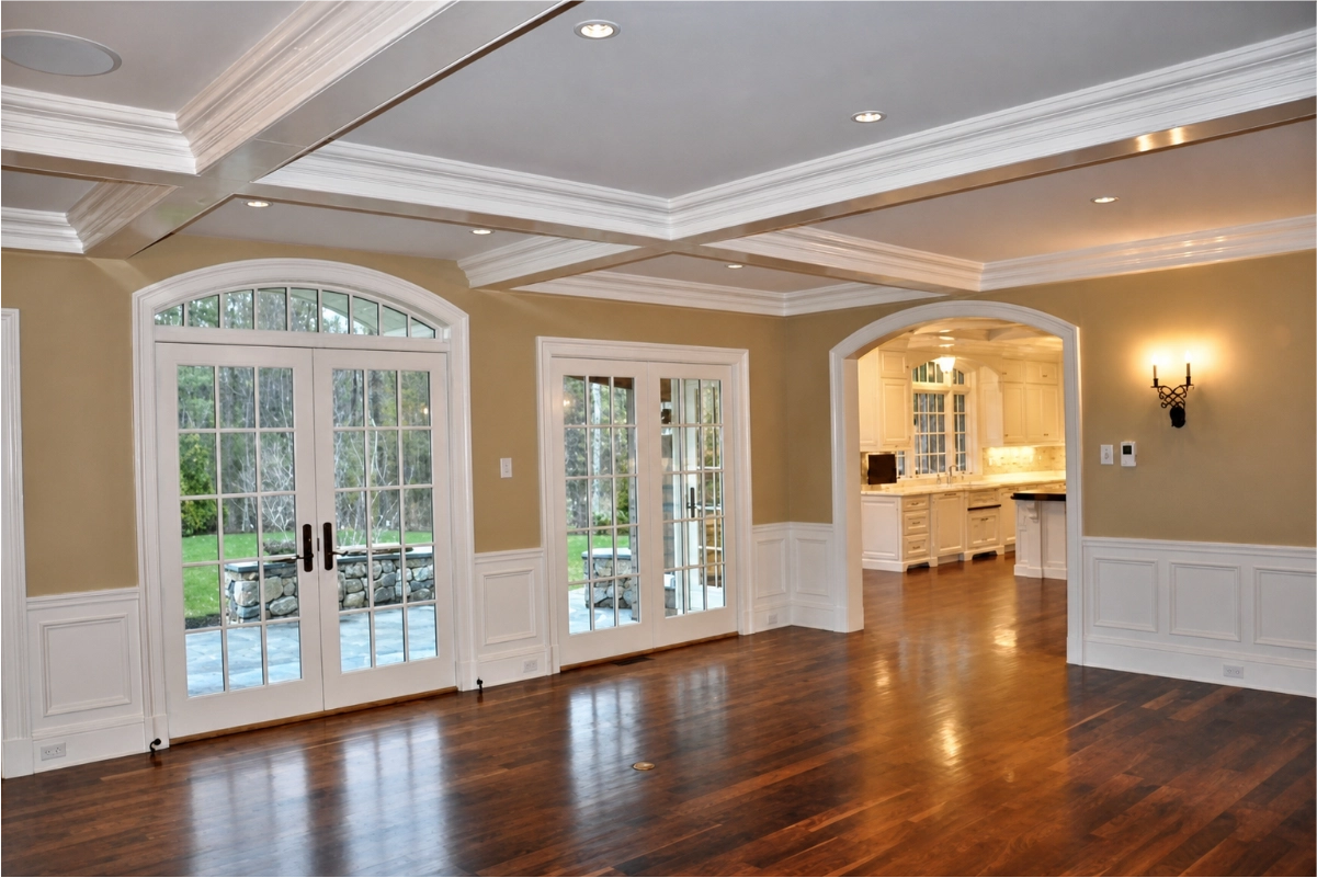 Beige painted dining room with white wainscoting, coffered ceiling, and French doors.