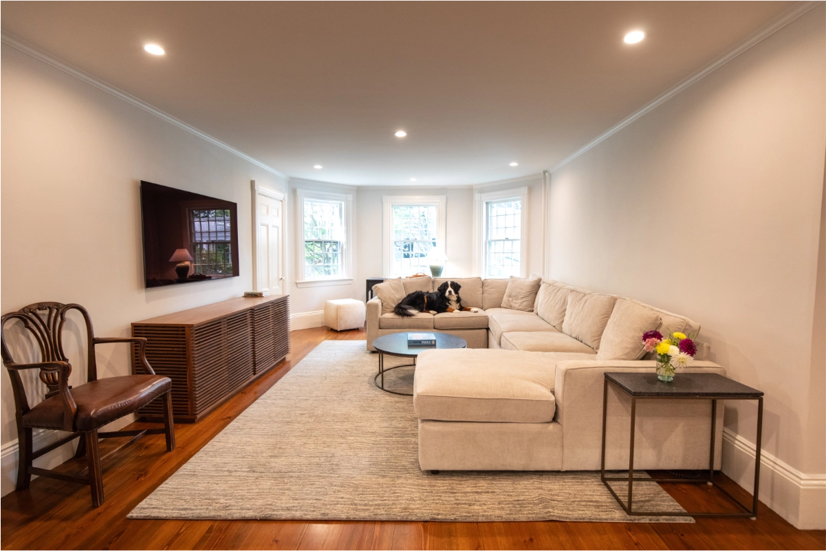 white painted living room with white trim.