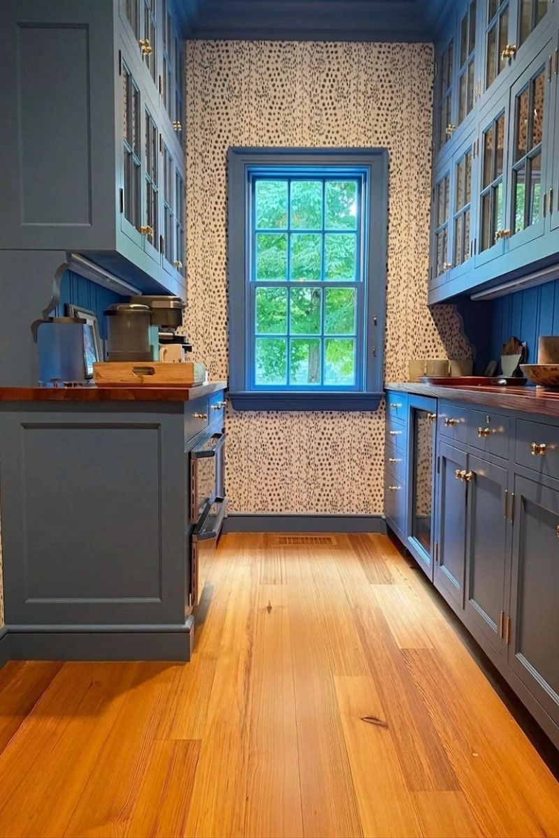 blue kitchen cabinet and window and a wood stained floor