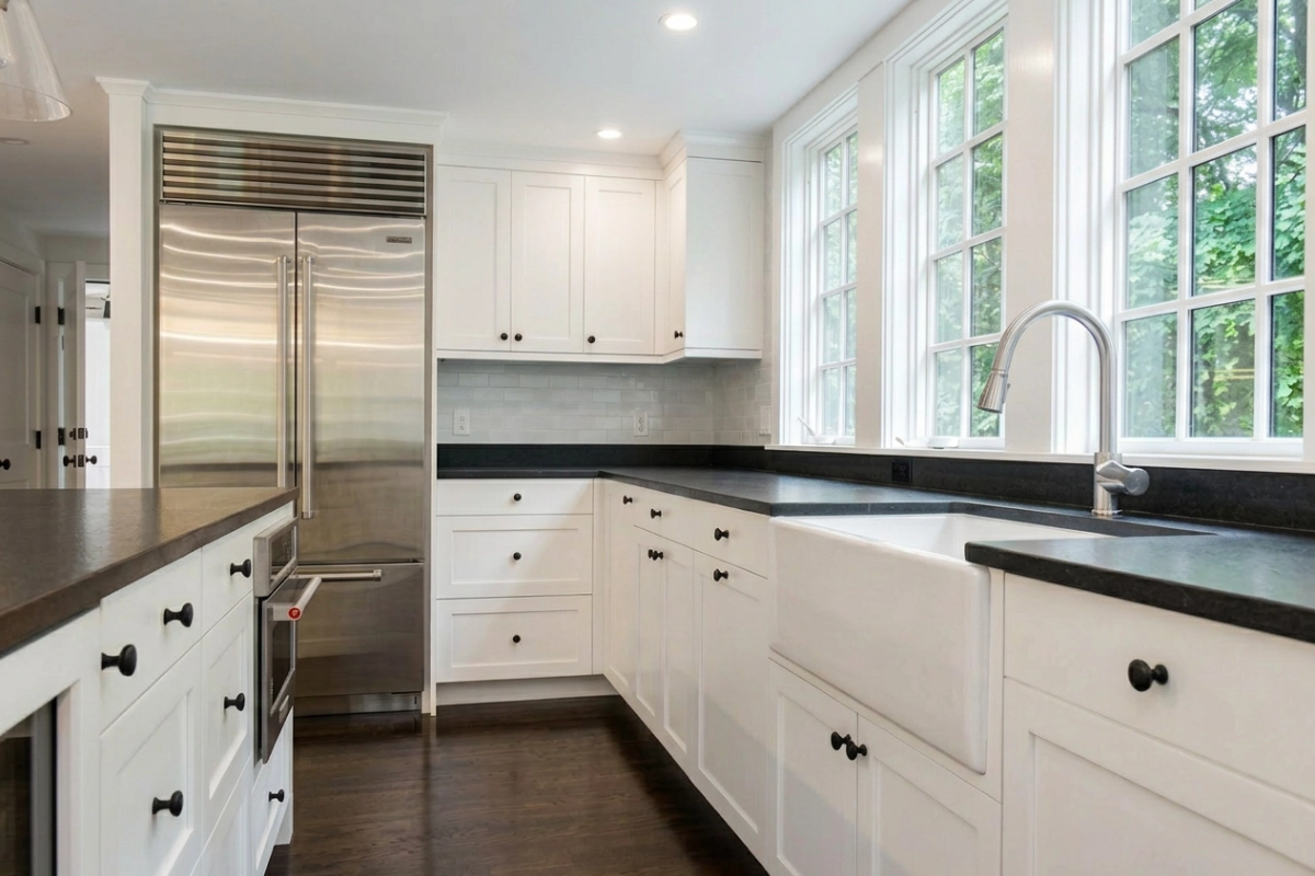 white painted cabinets with dark handles and metal fridge